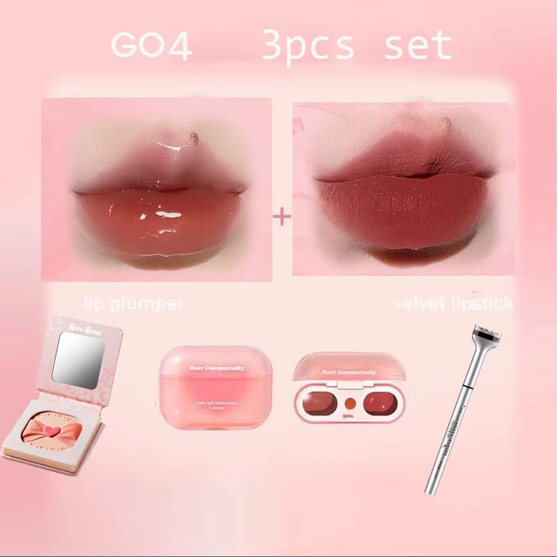 Korean Makeup Set GOGO TALES Double Lip Gloss Cruelty-Free Powder Blush-Shape Lower Eyelash Seal Black Eyeliner 3Pcs Kit