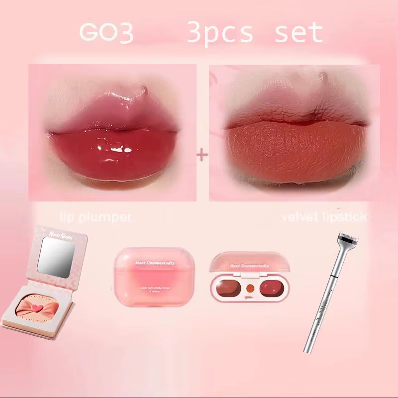 Korean Makeup Set GOGO TALES Double Lip Gloss Cruelty-Free Powder Blush-Shape Lower Eyelash Seal Black Eyeliner 3Pcs Kit