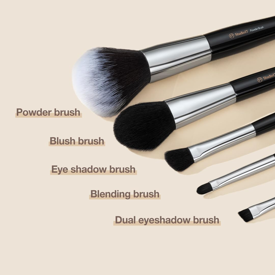 Travel Makeup Brush Set 5 Pcs| Essential Face & Eye Makeup Brush Set | Portable Makeup Brush Set for Travel | Makeup Pouch & Brush Cover Included