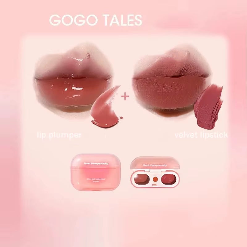 Korean Makeup Set GOGO TALES Double Lip Gloss Cruelty-Free Powder Blush-Shape Lower Eyelash Seal Black Eyeliner 3Pcs Kit