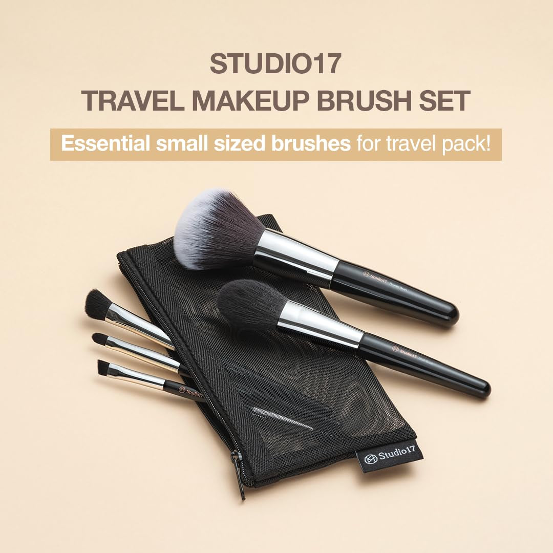 Travel Makeup Brush Set 5 Pcs| Essential Face & Eye Makeup Brush Set | Portable Makeup Brush Set for Travel | Makeup Pouch & Brush Cover Included