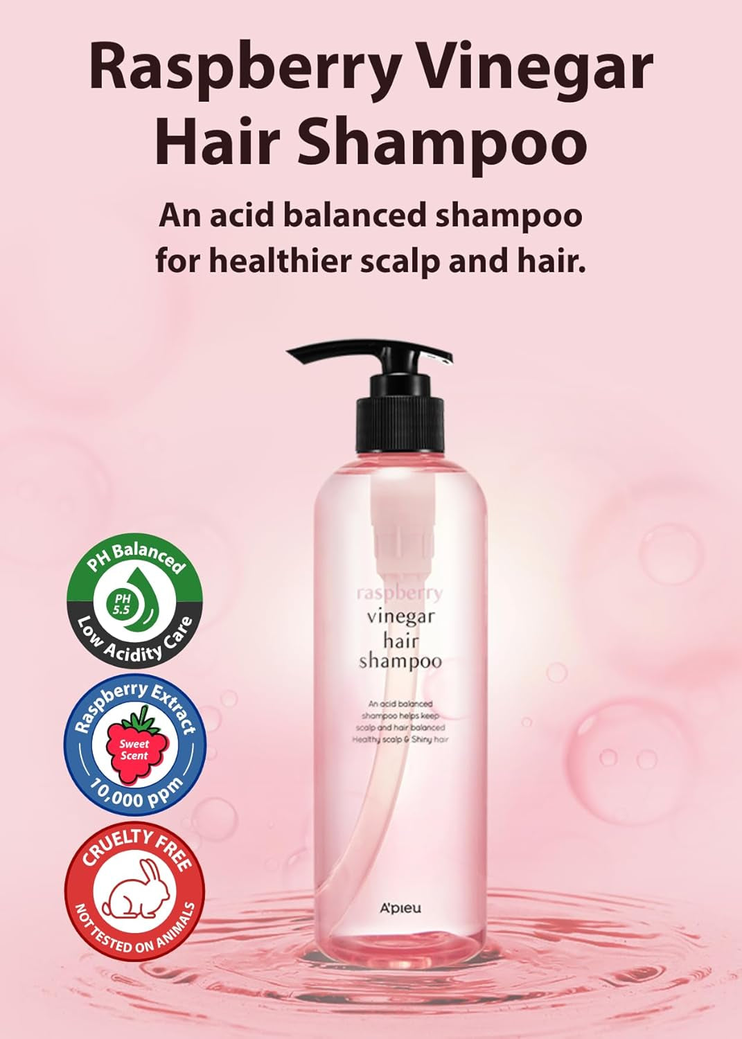 A’PIEU Raspberry Vinegar Hair Shampoo 16.9 Fl.Oz / 500 Ml - Dandruff & Clarifying Shampoo | Scalp Treatment I Korean Hair Care I Balances Ph, Removes Buildup, Soothes Scalp