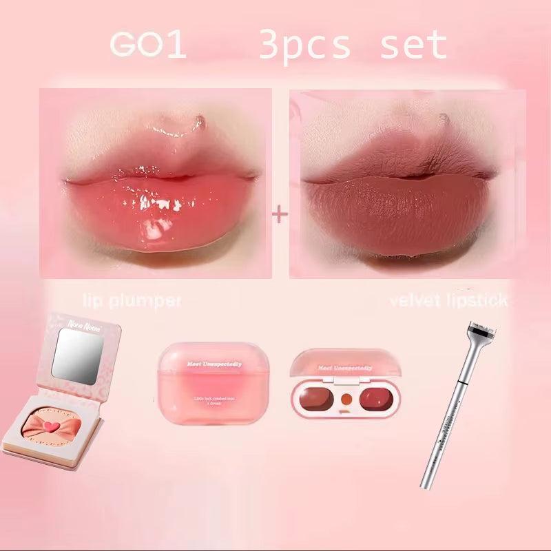 Korean Makeup Set GOGO TALES Double Lip Gloss Cruelty-Free Powder Blush-Shape Lower Eyelash Seal Black Eyeliner 3Pcs Kit