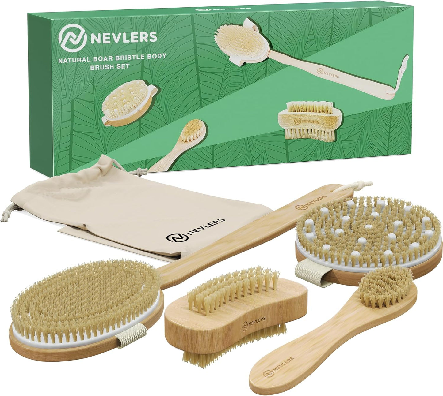 Natural Boar Bristle Dry Body Brush Set | Detachable Massage Dry Brush | Long Wooden Handled Dry Brushing Body Brush, Exfoliating Face Brush, Body Brush Exfoliator & Back Scrubber for Shower