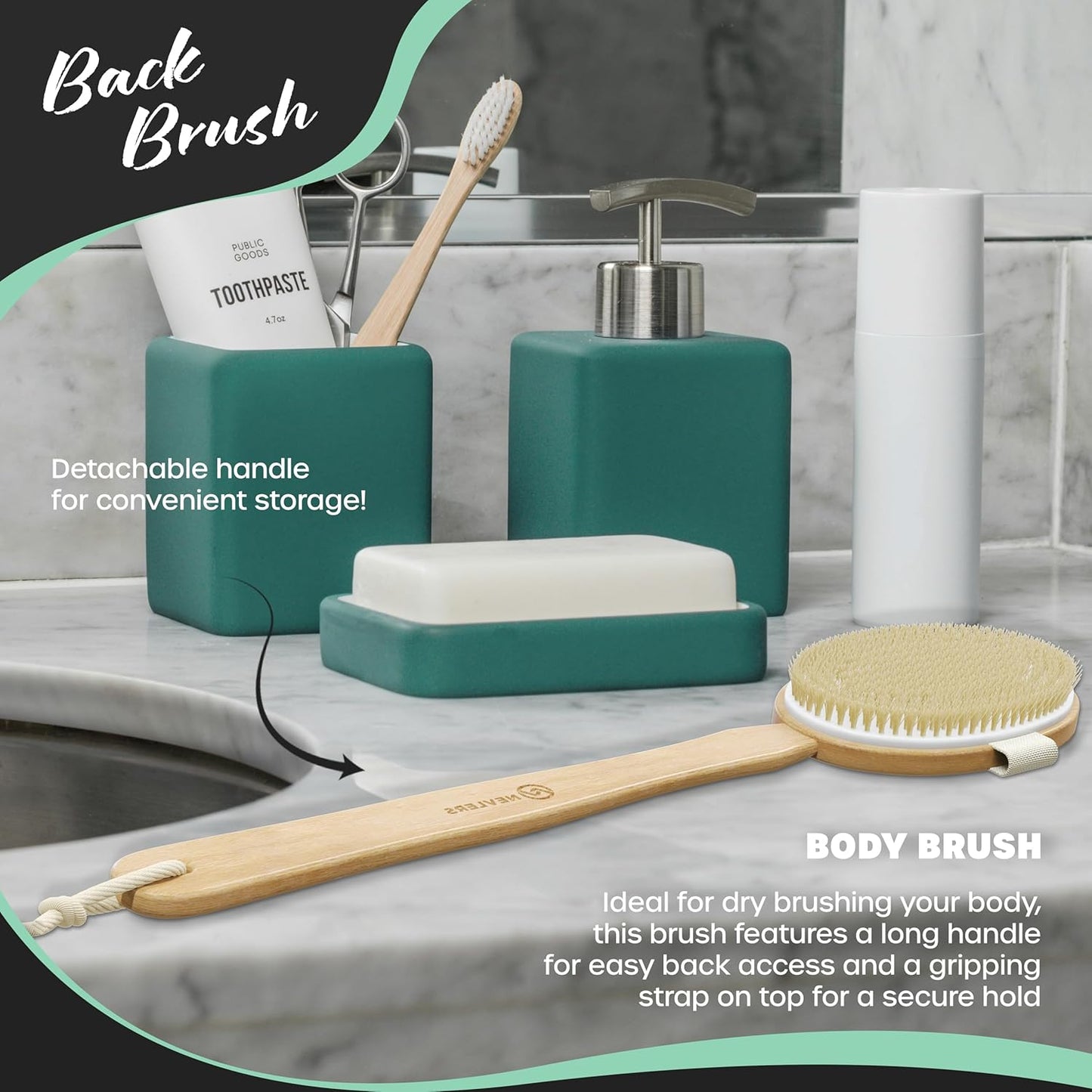 Natural Boar Bristle Dry Body Brush Set | Detachable Massage Dry Brush | Long Wooden Handled Dry Brushing Body Brush, Exfoliating Face Brush, Body Brush Exfoliator & Back Scrubber for Shower