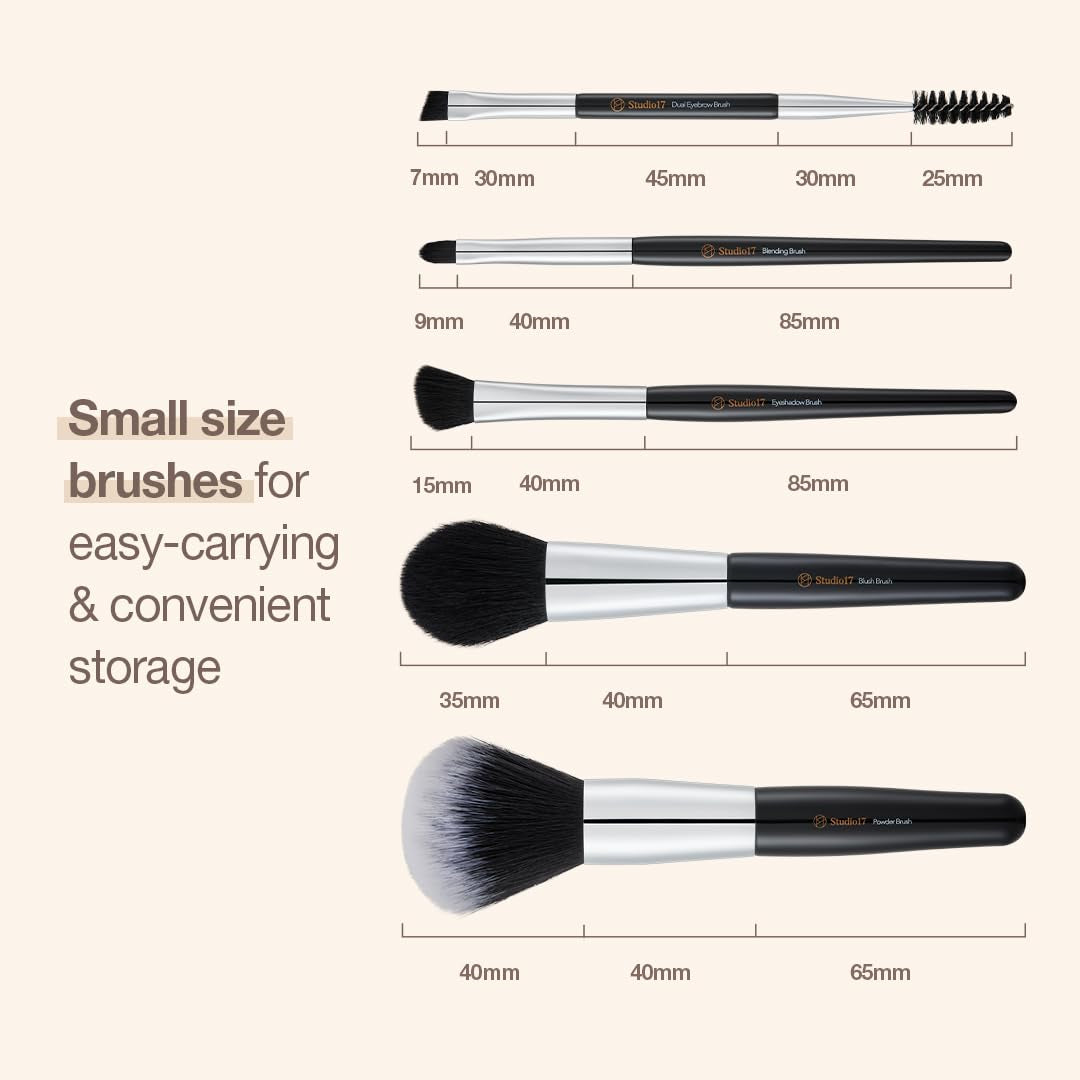 Travel Makeup Brush Set 5 Pcs| Essential Face & Eye Makeup Brush Set | Portable Makeup Brush Set for Travel | Makeup Pouch & Brush Cover Included