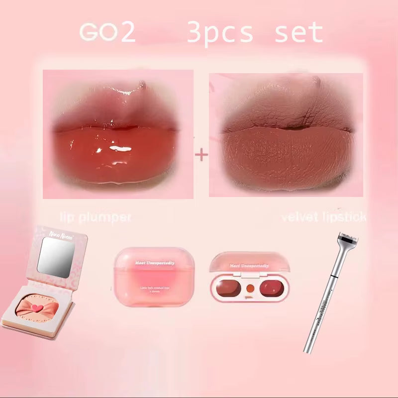 Korean Makeup Set GOGO TALES Double Lip Gloss Cruelty-Free Powder Blush-Shape Lower Eyelash Seal Black Eyeliner 3Pcs Kit