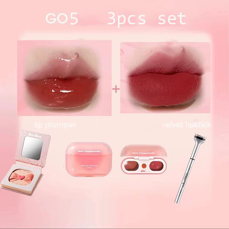 Korean Makeup Set GOGO TALES Double Lip Gloss Cruelty-Free Powder Blush-Shape Lower Eyelash Seal Black Eyeliner 3Pcs Kit