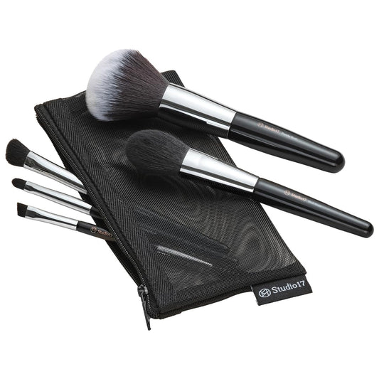 Travel Makeup Brush Set 5 Pcs| Essential Face & Eye Makeup Brush Set | Portable Makeup Brush Set for Travel | Makeup Pouch & Brush Cover Included