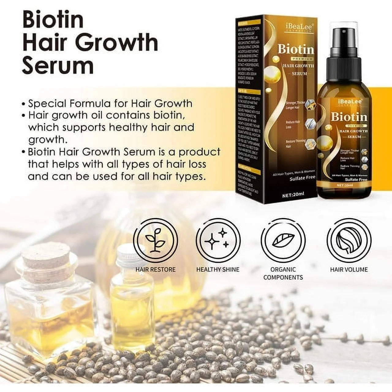 Biotin Hair Growth Spray, Ibealee Biotin Hair Growth Serum, Biotin Thickening Herbal Serum, anti Hair Loss Serum,For Women&Men Hair Growth and Hair Loss-2Pcs