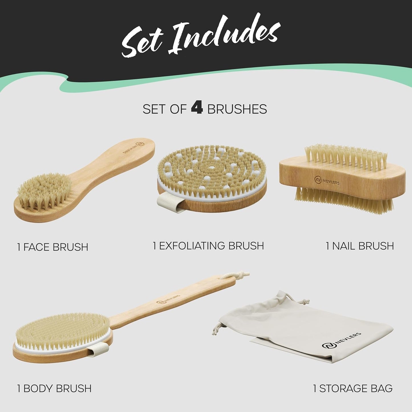 Natural Boar Bristle Dry Body Brush Set | Detachable Massage Dry Brush | Long Wooden Handled Dry Brushing Body Brush, Exfoliating Face Brush, Body Brush Exfoliator & Back Scrubber for Shower